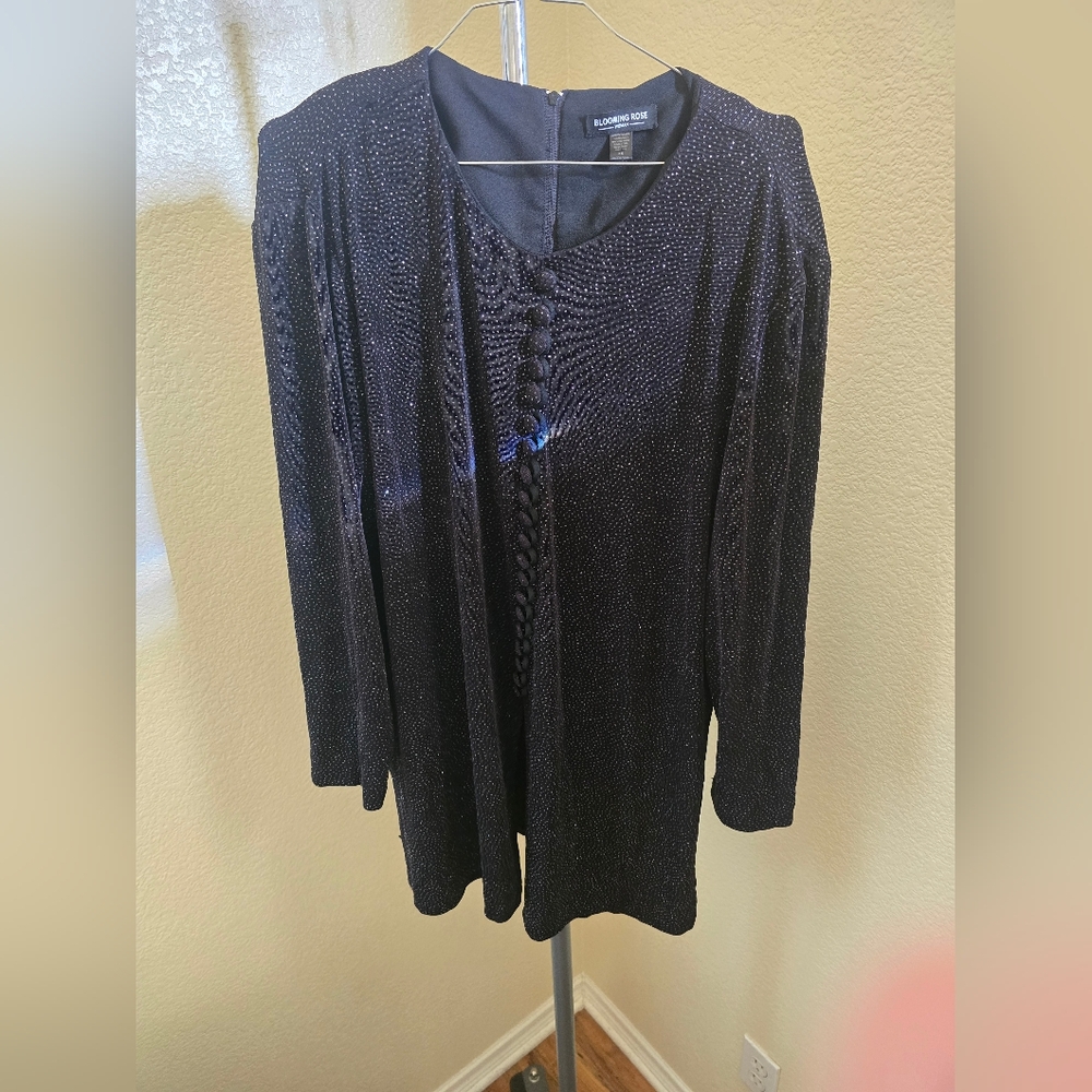Blooming Rose Sparkly Pullover Blouse with Back Zip Up & Shoulder Pads